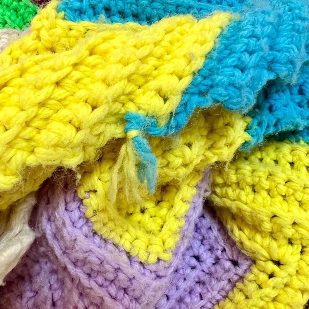 70s Handmade Vibrant Zig Zag Rainbow Scalloped Wavy Edge Crochet Afghan Blanket